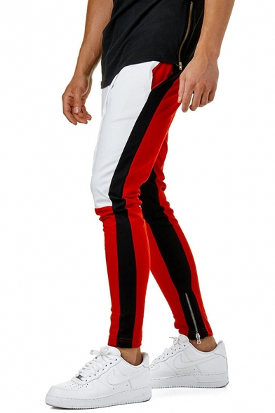 Men's Leisure Color Block Stripe Patchwork Drawstring Waist Skinny Fit Track Pants