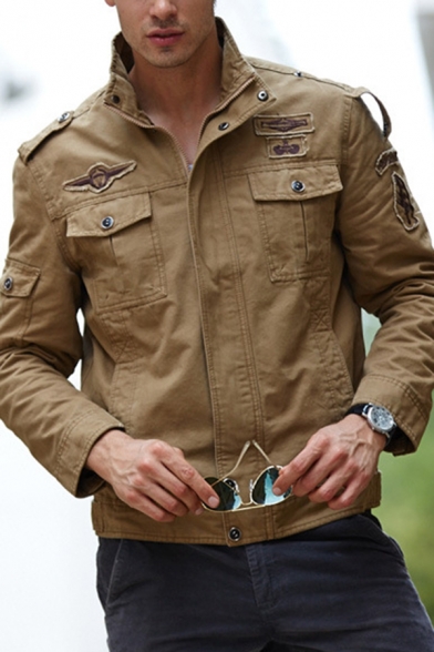 Mens Casual Solid Color Long Sleeve Chest Pocket Zip Placket Cargo Jacket