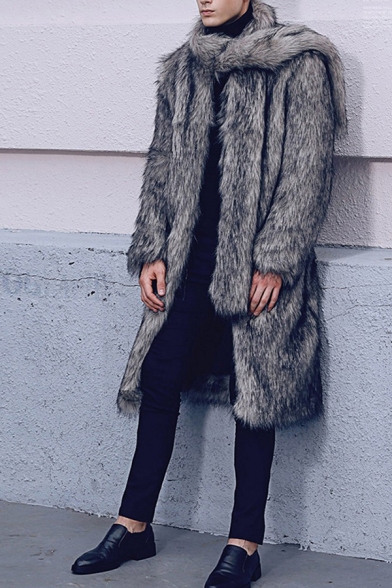 Mens Designer Plain Long Sleeve Zip Placket Longline Gray Faux Fur Coat with Scarf