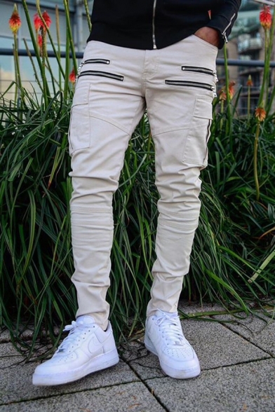 Mens Exclusive Plain Zipper Embellished Multi Pockets Skinny Active Pants