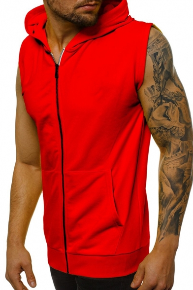 Mens Popular Solid Color Full Zip Sleeveless Hoodie with Pocket