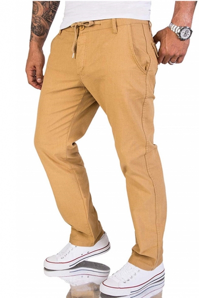 Mens Simple Plain Drawstring Waist Flap Pocket Back Relaxed Fit Casual Linen Pants