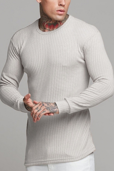 BU2H Men Plus Size Round Neck Solid Rib-Knit Long Sleeve Pullover Sweater Tops 