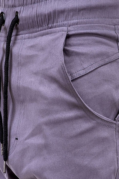 Mens Stylish Plain Drawstring Waist Flap Pocket Relaxed Fit Cargo Pants