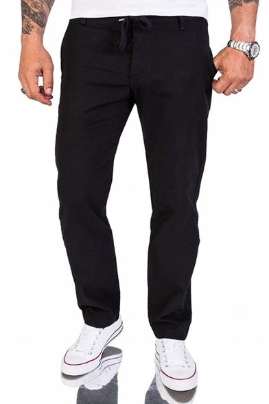 Mens Trendy Plain Flap Pocket Back Loose Fit Mid-rised Linen Casual Pants