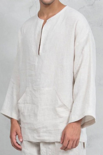 Middle East Ethnic Style Plain V-Neck Long Sleeve Oversized Linen T-Shirt