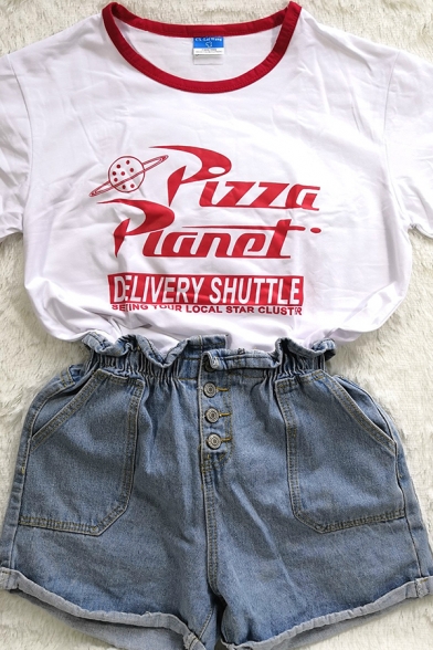 PIZZA Letter Printed Contrast Trim Short Sleeves Round Neck White Summer T-Shirt