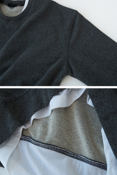 Plain Cozy Long Sleeve Crew Neck False Two-Piece Asymmetric Baggy Pullover Sweatshirt for Female