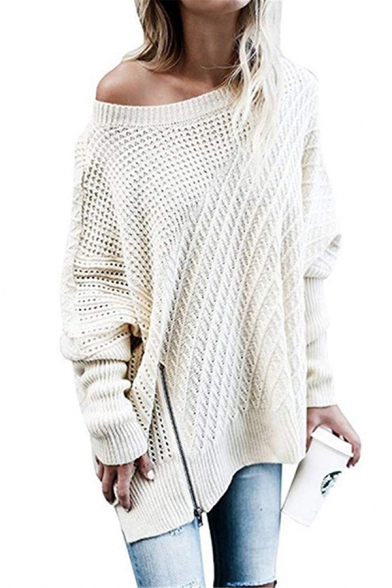 Popular Women's Long Sleeve Drop Shoulder Zipper Side Waffle Knit Patched Asymmetric Oversize Plain Pullover Sweater
