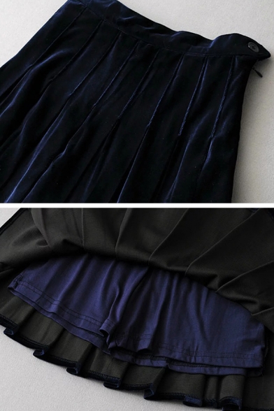 Preppy Girls' Pretty High Waist Velvet Plain Mini Pleated A-Line Skirt