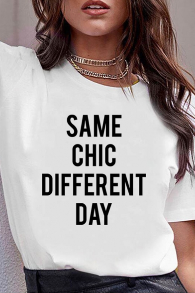 Simple Letter SAME CHIC DIFFERENT DAY Print Crewneck Short Sleeved T-Shirt in White