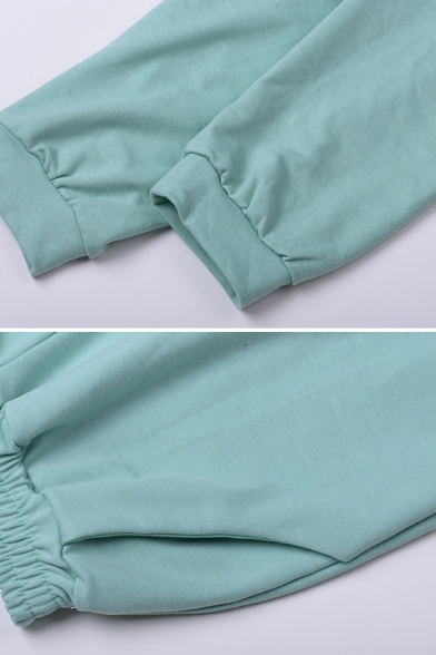 Simple Plain Long Sleeve Drawstring Hem Crop Sweatshirt with Elastic Waist Pants Co-ords