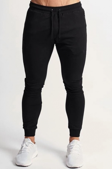 Sport Fashion Plain Zipper Pocket Skinny Fit Drawstring Sweatpants for Men
