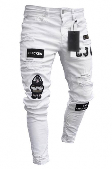 Street Fashion EAT CHICKEN Letter Applique Ripped Destroyed Skinny Fit Jeans