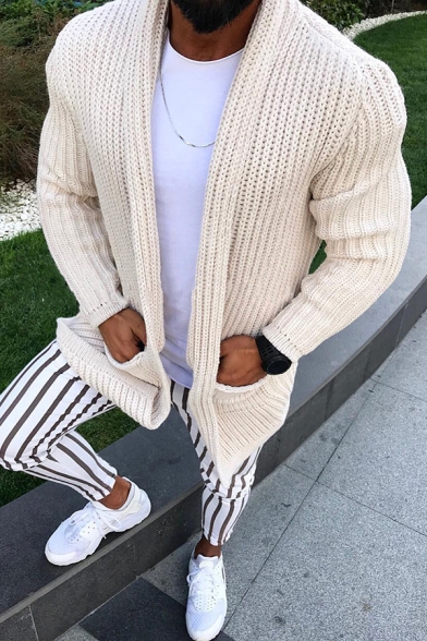 Street Style Plain Long Sleeve Open Front Tunic Knitted Cardigan with Dual Pocket