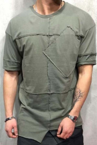 Summer Trendy Inverted Seam Detail Short Sleeves Irregular Hem Solid Color T-Shirt