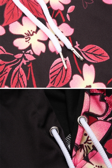 Trendy Flowers and Carp 3D Pattern Long Sleeve Black Drawstring Hoodie
