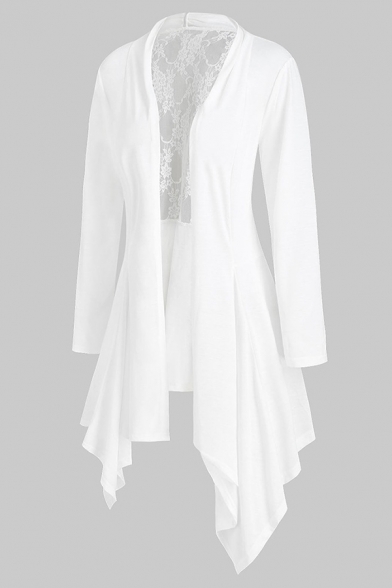 Trendy Ladies' Long Sleeve See-Through Mesh Patched Asymmetric Pleated Plain Fitted Dress Coat