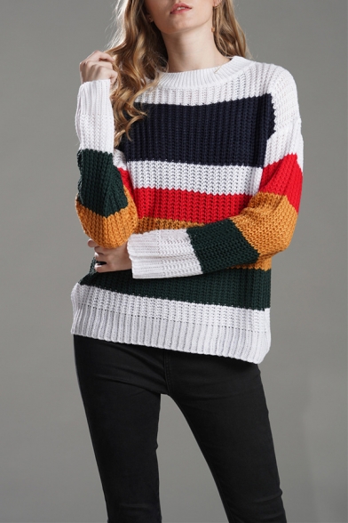 Trendy Street Women's White Long Sleeve Crew Neck Stripe Printed Waffle Knit Loose Fit Pullover Sweater