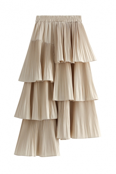 Unique Chic Elastic Waist Tiered Ruffle Asymmetric Hem Long Plain Pleated Skirt for Girls