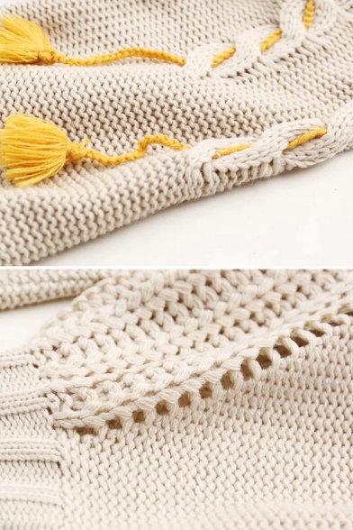 Unique V-Neck Cable Knit Tassel Decoration High Low Hem Beige Sweater for Women