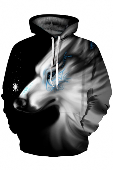 Unisex Stylish White Snowflake Wolf 3D Printed Long Sleeves Black Loose Drawstring Hoodie