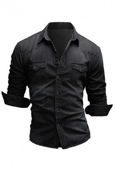 Fensajomon Mens Casual Washed Denim Long Sleeve Button Up Slim Fit Vintage Shirt Top