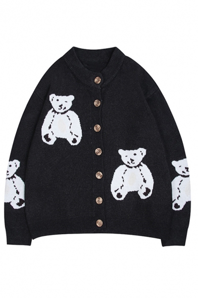 Women Cute Basic Long Sleeve Crew Neck Button Front Bear Pattern Baggy Knit Cardigan in Black