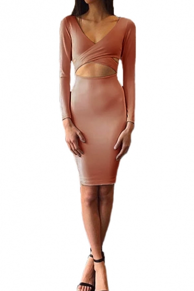 Womens Sexy Plain Cross Cutout Front V-Neck Long Sleeve Midi Bodycon Cocktail Party Dress