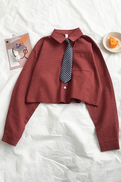 Womens Trendy Long Sleeve Lapel Collar Button Down Plaid Pattern Loose Fit Crop Shirt with Stripe Tie