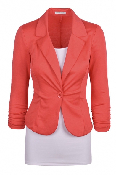 Basic Plain Long Sleeve Notch Collar Button Front Slim Fit Blazer for Women
