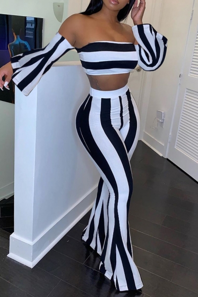 Black and White Wide Stripe Print Off Shoulder Bell Sleeve Crop Top with Flared Pants Co-ords