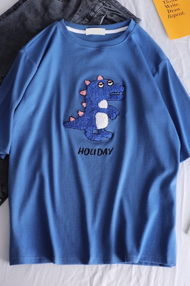 Casual Cute Short Sleeve Crew Neck Letter HOLIDAY Dinosaur Print Loose Fit Tee for Female