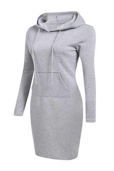 Casual Gray Long Sleeve Drawstring Kangaroo Pocket Midi Bodycon Hoodie Dress for Girls