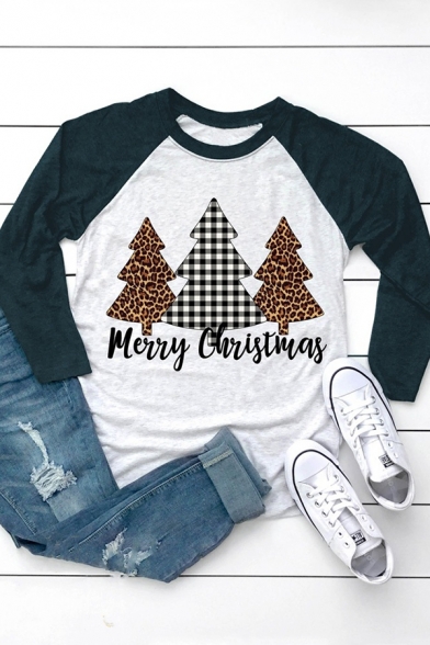 Casual Women's Three-Quarter Sleeve Crew Neck Letter MERRY CHRISTMAS Tree Printed Contrasted Relaxed T-Shirt
