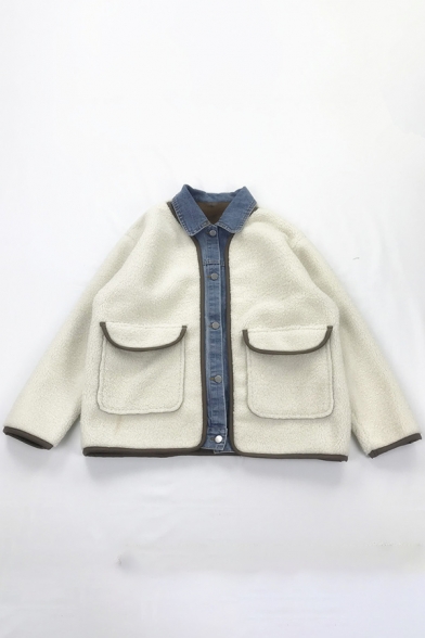 Chic Unique Girl's Long Sleeve Lapel Collar Button Down Flap Pockets Shearling Fleece Denim Patched Boxy Jacket
