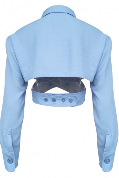 Chic Unique Girls' Long Sleeve Notch Collar Pockets Hollow Out Fitted Crop Blazer in Blue