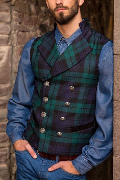 Classic Checked Pattern Lapel Collar Double Breasted Slim Fit Casual Waistcoat