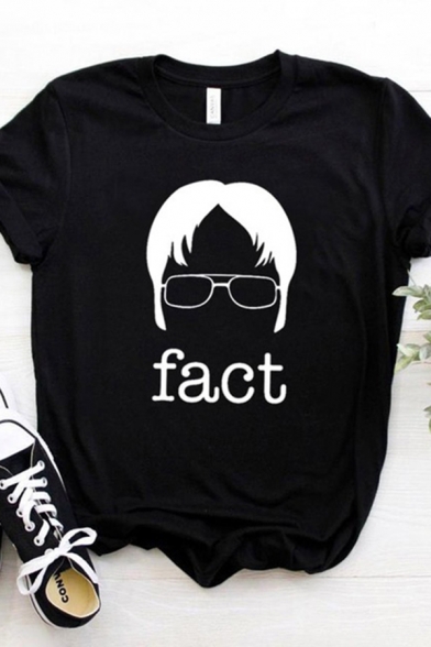 Creative FACT Letter Printed Crew Neck Roll-Up Short Sleeve Casual Graphic Tee