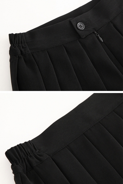 Cute Girls' High Waist Zipper Front Mini Pleated A-Line Skirt in Black