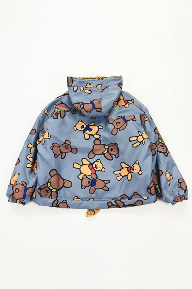 Fashion Cute Long Sleeve Hooded Half Zipper Teddy Bear Print Flap Pocket Drawstring Sherpa Liner Oversize Short Jacket for Women