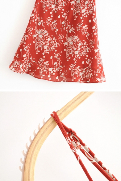 Fashion Cute Red Sleeveless All Over Floral Print Pleated Short A-Line Cami Dress for Ladies