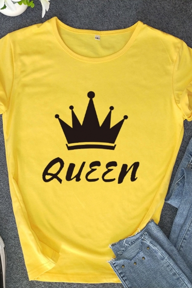 Female Letter QUEEN Crown Pattern Round Neck Short Sleeved Cotton T-Shirt