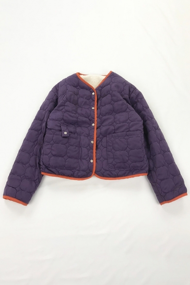 Female Warm Cozy Long Sleeve V-Neck Button Down Pocket Reversible Thick Sherpa Fleece Relaxed Fit Jacket in Purple