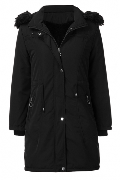 Female Winter Warm Long Sleeve Hooded Zip Button Front Pockets Side Fluff Trim Sherpa Liner Slit Back Relaxed Plain Parka Coat