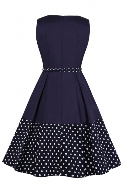 Formal Women's Sleeveless Round Neck Zipper Back Polka Dot Print Contrasted Buckle Belted Midi Pleated Flared Dress