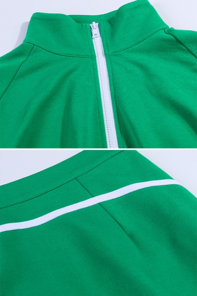 Green Active Striped Print Long Sleeve Zip Up Sweatshirt Coat with Zipper Front Mini Skirt