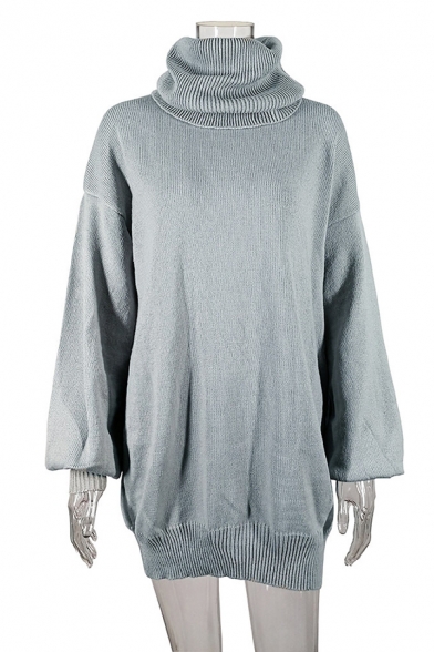 Grey Elegant Balloon Sleeve Turtleneck Oversize Midi Pullover Sweater Dress for Ladies