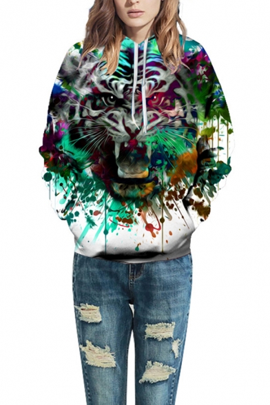 Guys Popular 3D Colorful Tiger Painting Long Sleeves Pullover Hoodie