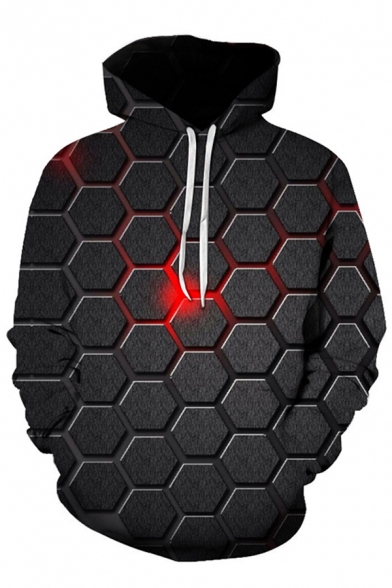 Guys Simple Allover Hexagon Print Long Sleeve Relaxed Fit 3D Hoodie